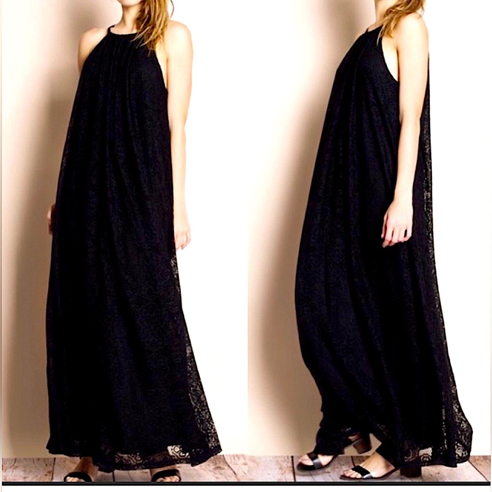 Loving People Black Lacy Halter Maxi Sundress Size Medium NWOT